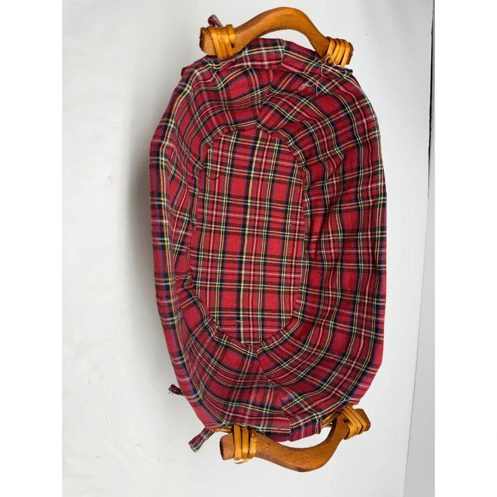 Vintage Wicker Bread Basket with Red Tartan Plaid Liner and Wooden Handles